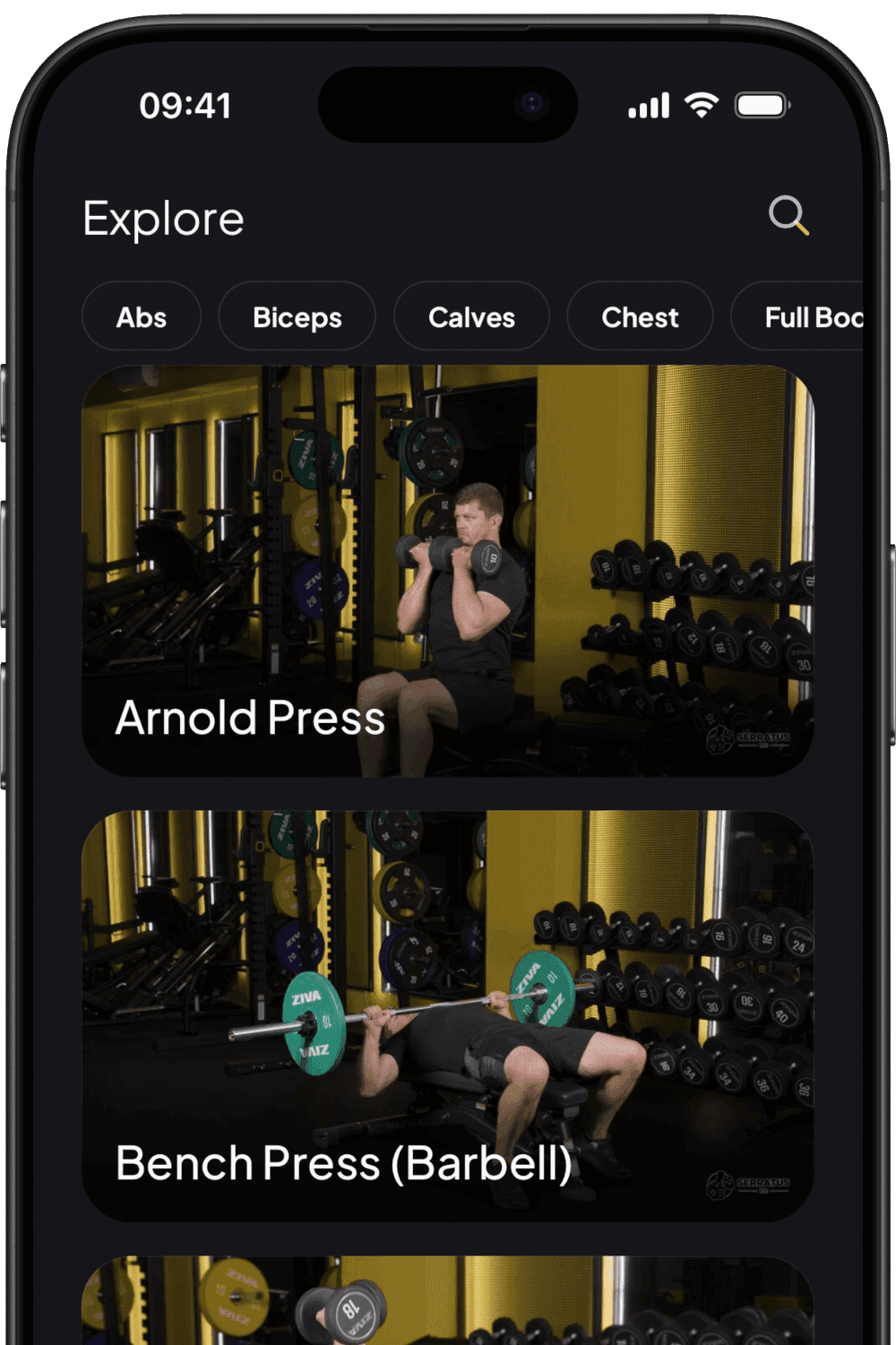 Serratus Fit app explore screen showing Alex demonstrating exercises with detailed instructions
