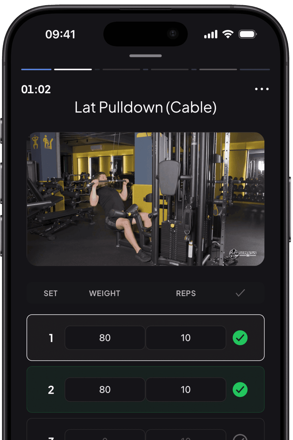 Serratus Fit app workout tracker interface showing live exercise tracking with video guidance