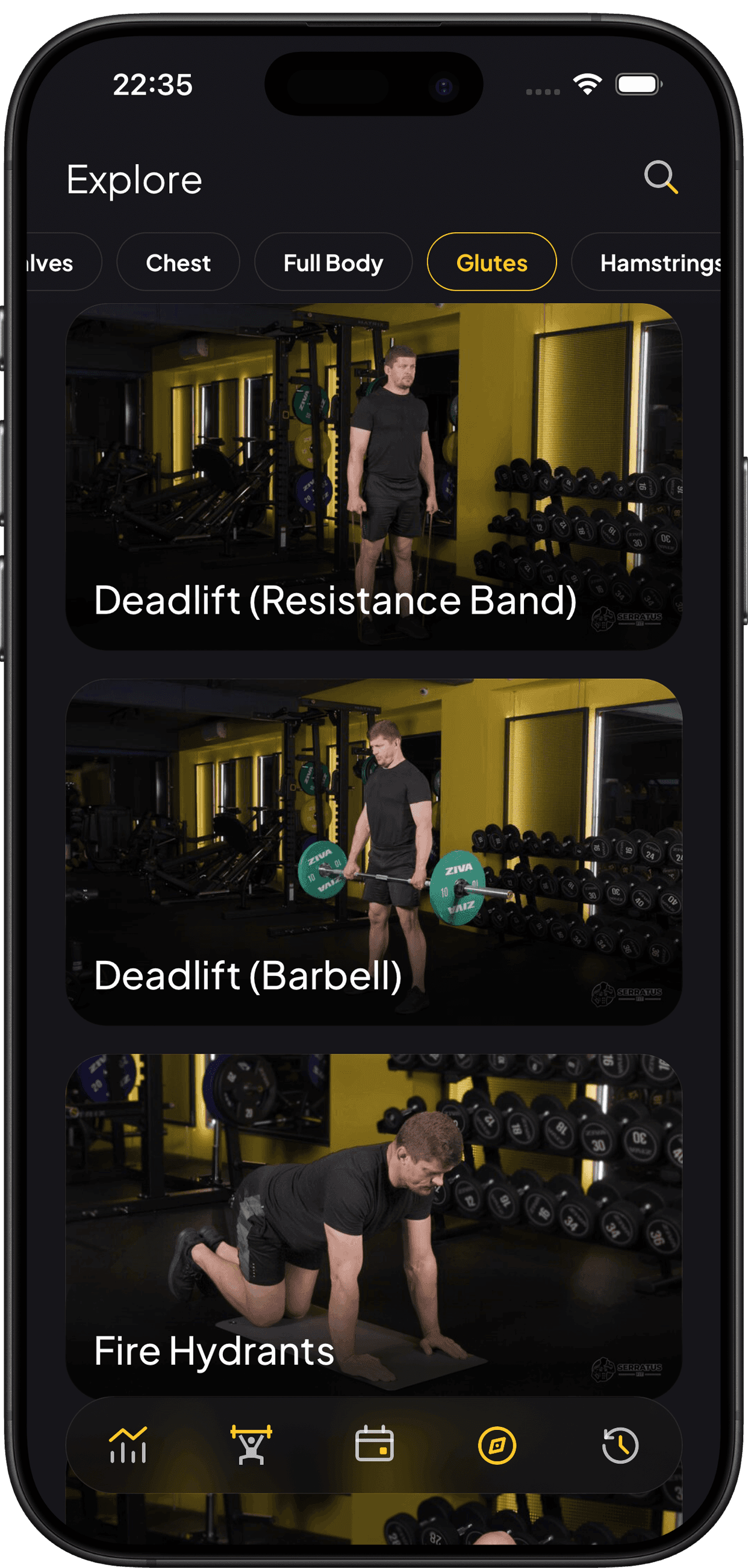 Serratus Fit app home screen displaying personalized 30-day workout programs by certified trainer Alex